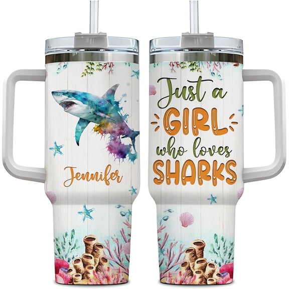 Personalized Gifts For Shark Lover Tumbler 40oz with Handle and Straw - Stainless Steel Travel Coffee Cup With Lid - Cute Sea Animal Lover Gifts For Women, Girl On Birthday Christmas