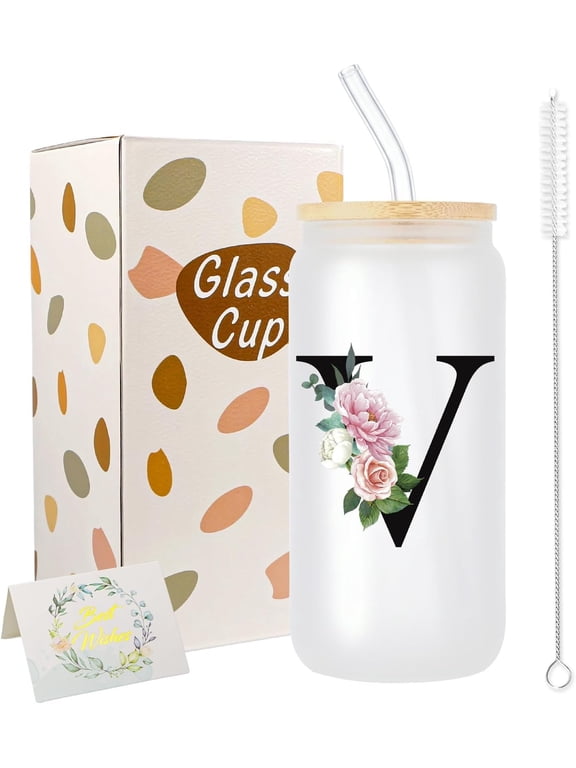 Personalized Gifts for Women,16 oz Custom Mug, Monogrammed Initial Glass Cups with and Straws, Cute Glass Coffee Tumbler, Custom Gifts for Women, Teacher, (V)