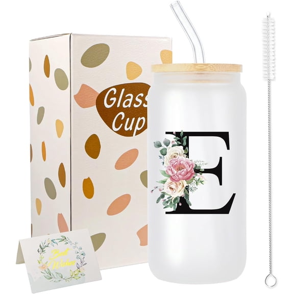 Personalized Gifts for Women,16 oz Custom Mug, Monogrammed Initial Glass Cups with and Straws, Cute Glass Coffee Tumbler, Personalized Gifts for Christmas, Birthday (E)
