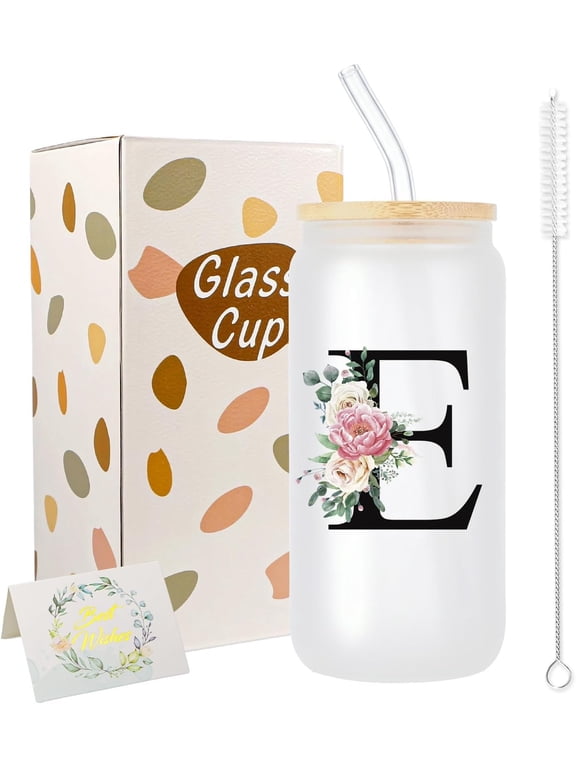 Personalized Gifts for Women,16 oz Custom Mug, Monogrammed Initial Glass Cups with and Straws, Cute Glass Coffee Tumbler, Personalized Gifts for Christmas, Birthday (E)