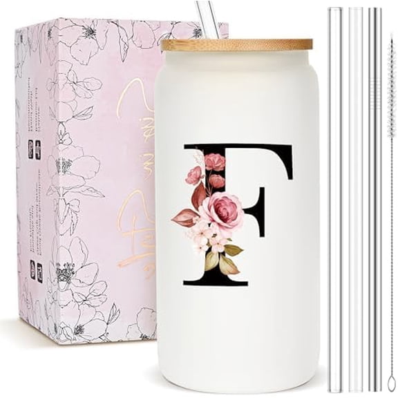 Personalized Gifts for Women, Monogrammed Frosted Glass Tumbler with Straw and Lid, Cute Customized Mug, Custom Initial Iced Coffee Glasses, Customizable Drinking Cup, Birthday Teacher Woman, F