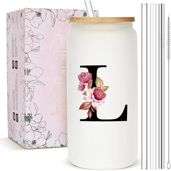 Personalized Gifts for Women, Monogrammed Frosted Glass Tumbler with Straw and Lid, Cute Customized Mug, Custom Initial Iced Coffee Glasses, Customizable Drinking Cup, Birthday Teacher Woman, L