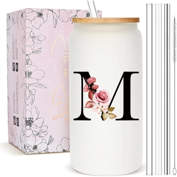 Personalized Gifts for Women, Monogrammed Frosted Glass Tumbler with Straw and Lid, Cute Customized Mug, Custom Initial Iced Coffee Glasses, Customizable Drinking Cup, Birthday Teacher Woman, M