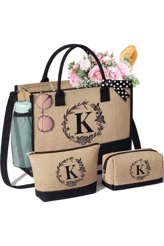Personalized Gifts for Women Tote Bag, Initial Jute Tote Bag & Makeup Bags Monogrammed Beach Bag w/ Zipper, Birthday Valentines Day Gifts for Women Her Mom Daughter Sister Girlfriend Teacher