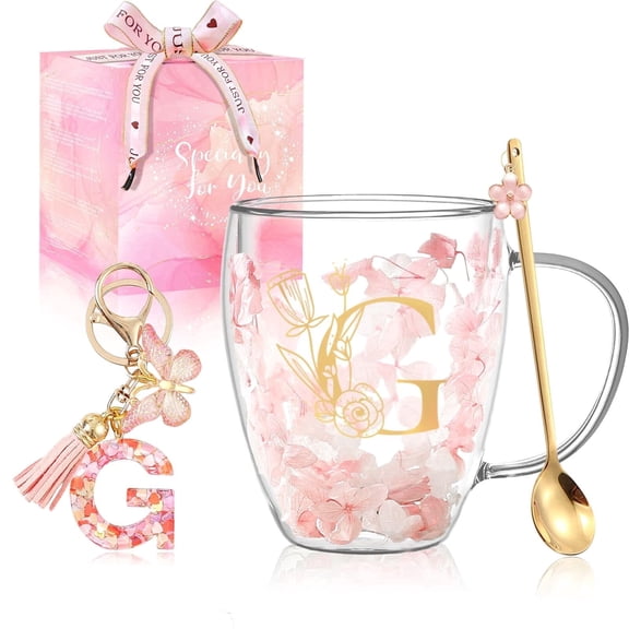 Personalized Gifts Women's Flower Glass Coffee Mug Initials Tea Cup Custom Bridesmaid Bridal Wedding Gifts Graduation Gifts Valentine's Day Mother's Day Birthday Christmas Gifts (G)