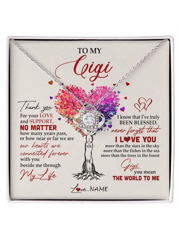 Personalized To My Gigi Necklace From Grandkids Never Forget That I Love You You Mean The World Gigi Birthday Mothers Day Christmas Customized Gift Box Message Card, White Love Knot Necklace