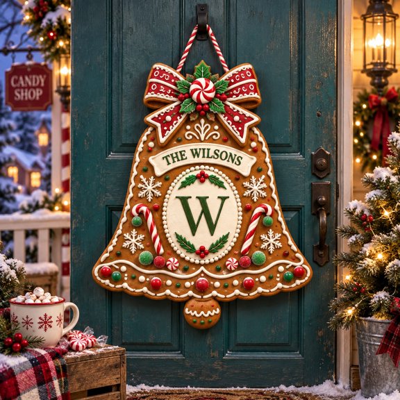 Personalized Gingerbread Bell Family Initial Wooden Sign Christmas