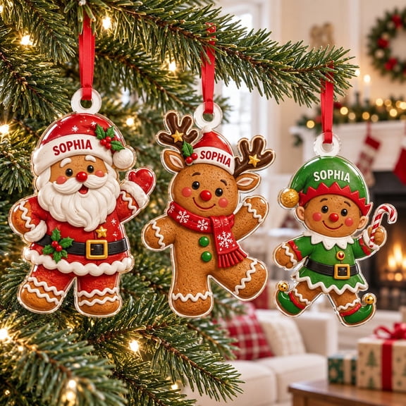 Personalized Gingerbread Character Ornament, Custom Santa, Reindeer and Elf Acrylic or Wood Christmas Tree Decoration