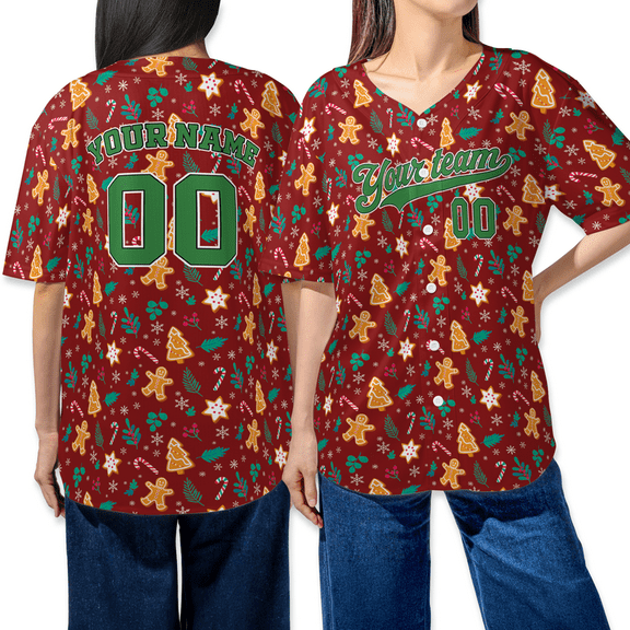 Personalized Gingerbread, Christmas Tree & Snowflake Baseball Jersey - Festive Winter Holiday Seasonal Sports Shirt