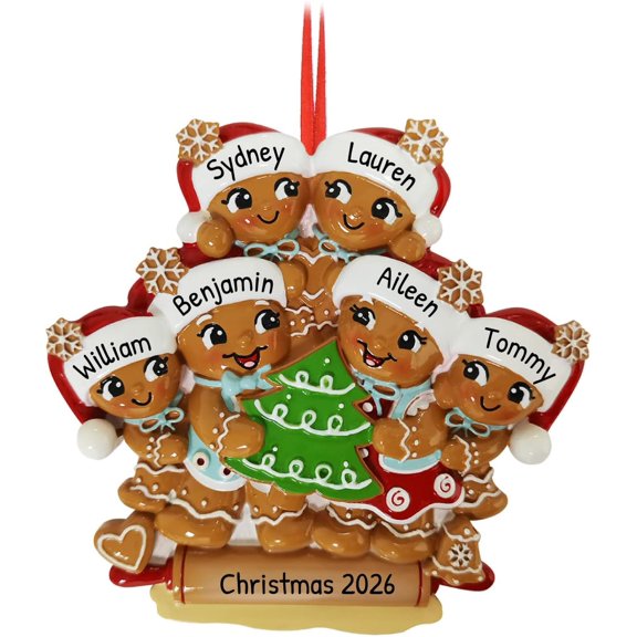 Personalized Gingerbread Family Custom Ornament - Family of 6 Customized Cookies for Christmas Tree