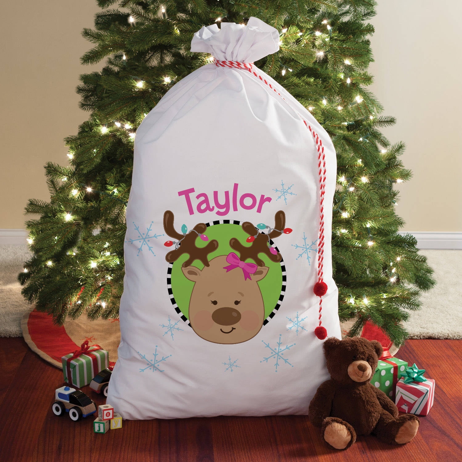 Personalized Girl Reindeer Santa Sack, 2 Sizes To Choose From