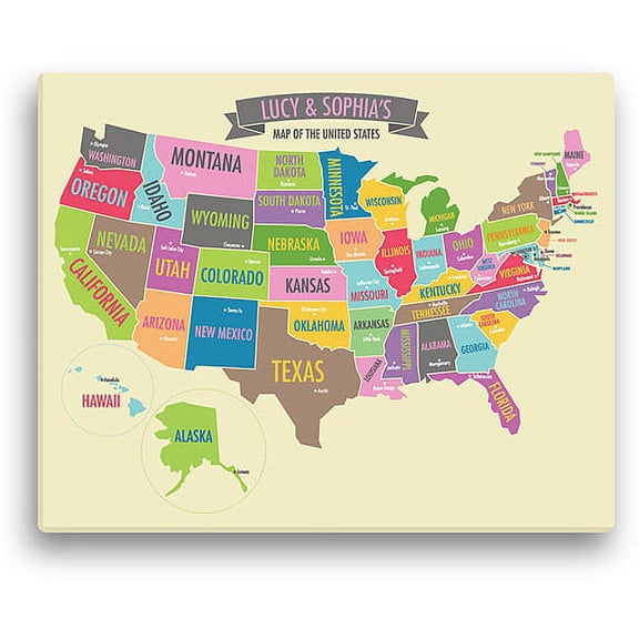 Personalized Girl's 16" x 20" US Map Canvas