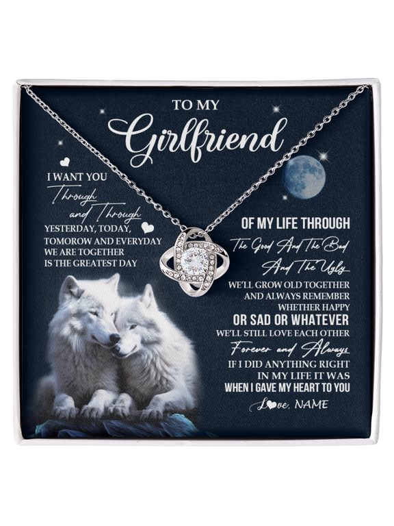 Personalized To My Girlfriend Necklace From Boyfriend I Want You Wolf Girlfriend Birthday Gifts Anniversary Valentines Christmas Customized Gift Box Message Card, White Love Knot Necklace
