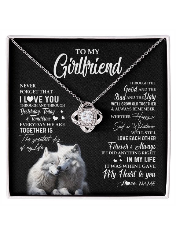 Personalized To My Girlfriend Necklace From Boyfriend Wolf Never Forget That I Love You Girlfriend Birthday Christmas Customized Gift Box Message Card, White Love Knot Necklace