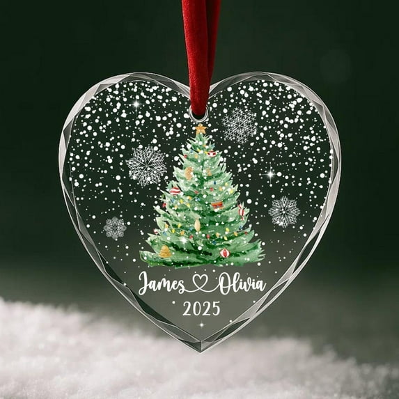 Personalized Glass Christmas Tree Ornament, Custom Couple Names and Year, Heart or Snowflake Holiday Keepsake Decoration Gift