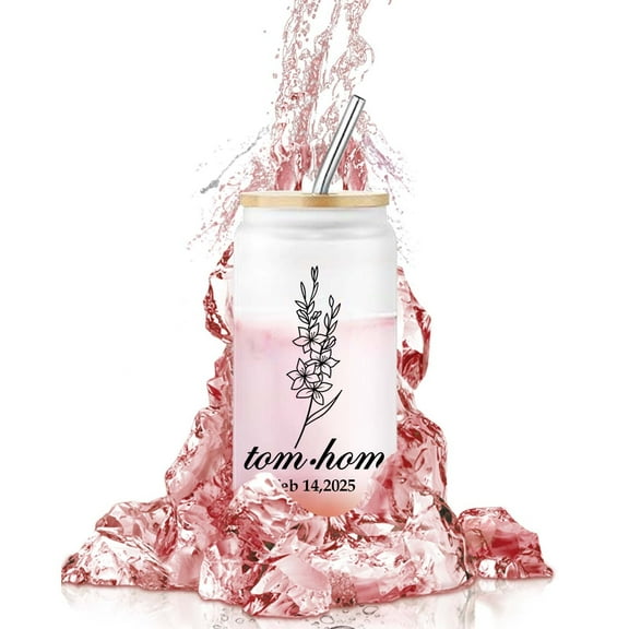 Personalized Glass Tumbler with Birth Flower & Name - Custom Borosilicate Cup with Bamboo Lid, Glass Straw & Leakproof Seal - Unique Birthday Gifts for Women, Mom, Teacher, Bridesmaid