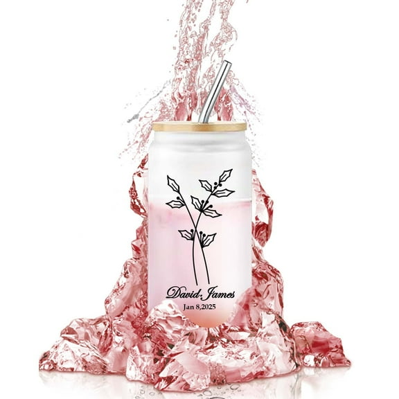 Personalized Glass Tumbler with Birth Flower & Name - Custom Borosilicate Cup with Bamboo Lid, Glass Straw & Leakproof Seal - Unique Birthday Gifts for Women, Mom, Teacher, Bridesmaid