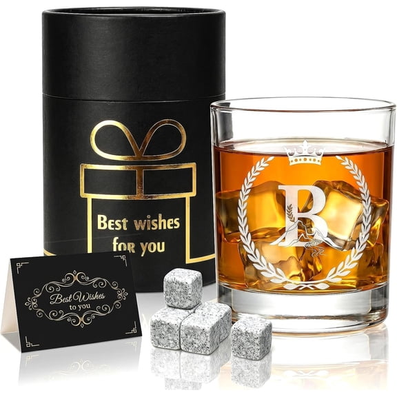 Personalized Glasses Gifts for Men or Women, 12oz Letter B | Monogrammed Old Fashioned Glass with Box, Custom Initial Engraved Rocks Glass, Christmas Birthday Gifts For Him