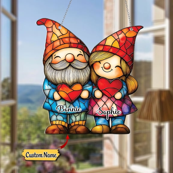Personalized Gnome Couple Window Hanging, Custom Name Elf Figurines, Adorable Anniversary or Holiday Gift