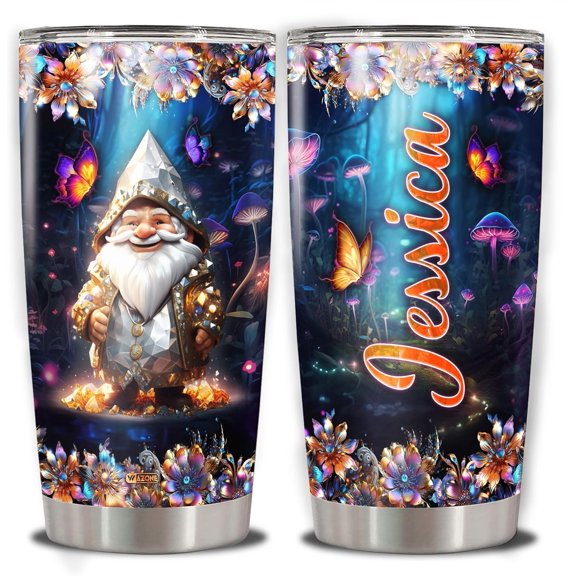 Personalized Gnome Tumbler Custom Name Tea Drinking Cup With Lid Christmas Double Walled Vacuum Stainless Steel 20oz 30oz Insulated Travel Coffee Mug For Women Men Girls Kids Holiday