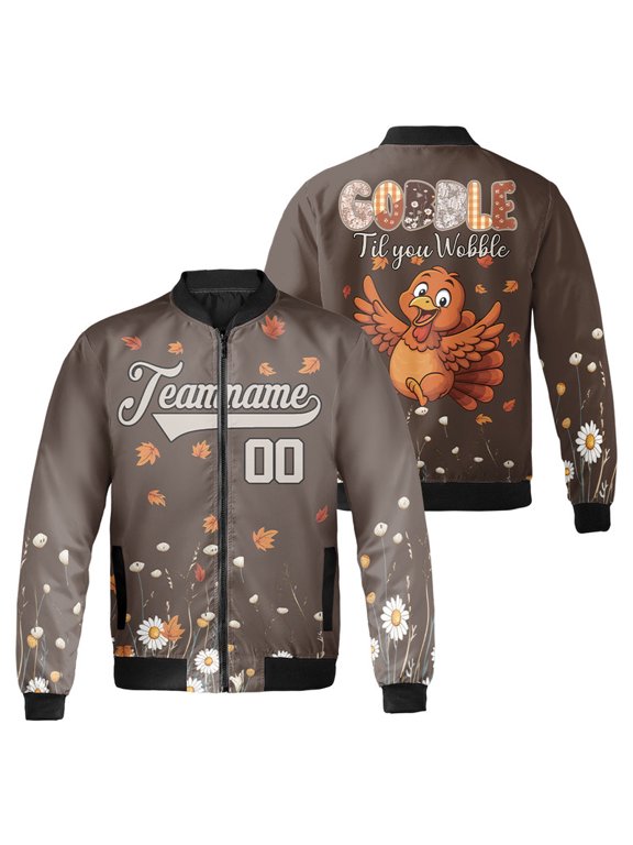Personalized Gobble Gobble Til You Wobble Thanksgiving Day Bomber Jacket - Custom Team Name and Number Turkey Print - Fall Outerwear