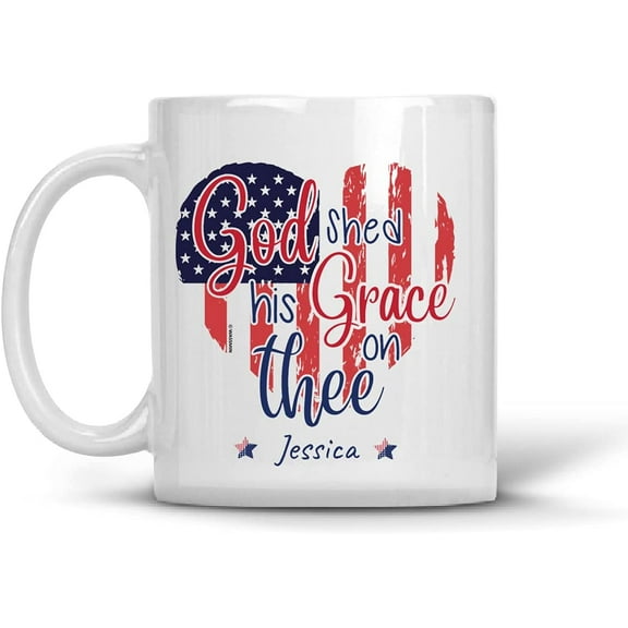 Personalized God Shed His Grace On Thee American US Flag Fourth Of July Coffee Mug 11oz 15oz Christmas Independence Day Gifts For Women Girls Patriotic Mom Nana Grandma Mimi Sister Aunt