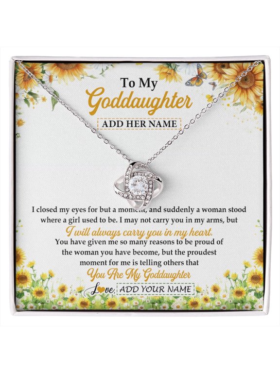 Personalized To My Goddaughter Gifts Necklace From Godmother I Closed My Eyes Sunflower Best Goddaughter Birthday Gifts Christmas Custom Gift Box Message Card, White Love Knot Necklace
