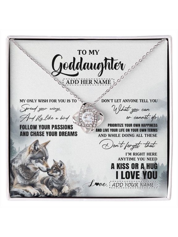 Personalized To My Goddaughter Gifts Necklace From Godmother Wolf My Only Wish For You Goddaughter Birthday Gifts Graduation Christmas Gift Box Message Card, White Love Knot Necklace