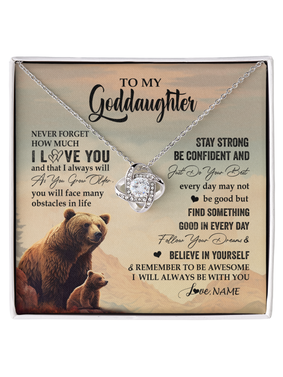 Personalized To My Goddaughter I Love You Forever Necklace From Aunt Uncle Bear Goddaughter Birthday Graduation Christmas Customized Gift Box Message Card, White Love Knot Necklace