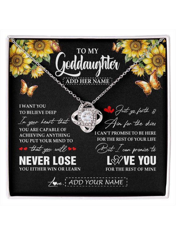 Personalized To My Goddaughter Necklace From Godmother Uncle You Will Never Lose Sunflower Goddaughter Birthday Gifts Christmas Custom Gift Box Message Card, White Love Knot Necklace
