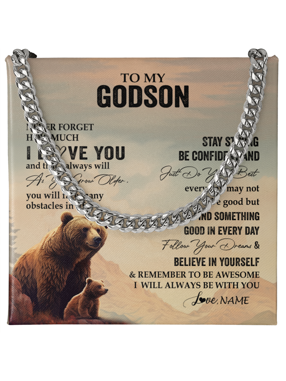 Personalized To My Godson I Love You Forever Necklace From Godmother Uncle Bear Godson Birthday Gifts Graduation Christmas Customized Gift Box Message Card, White Cuban Link Necklace