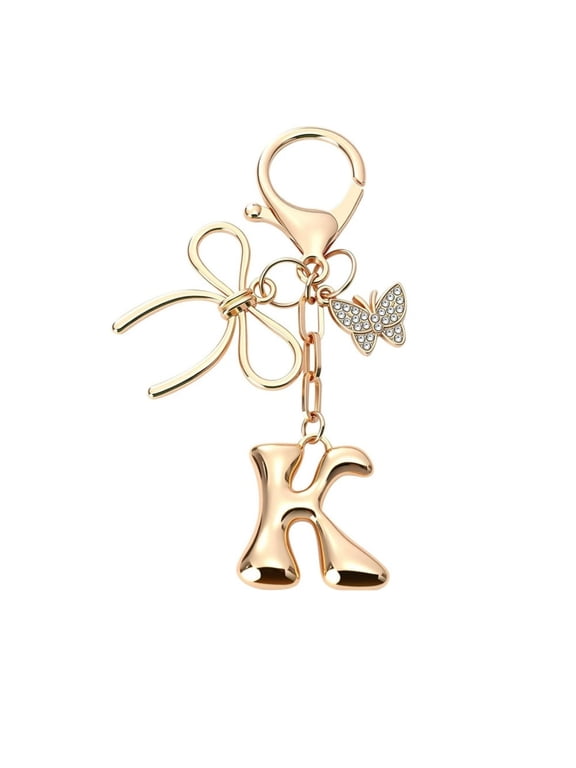Personalized Gold Bubble Initial Keychain with Bow Charm, Cute Letter Key Ring for Women as Purse Handbag Accessories, Gift Idea with A-Z Initial Selection for Bag Charms and Keyrings