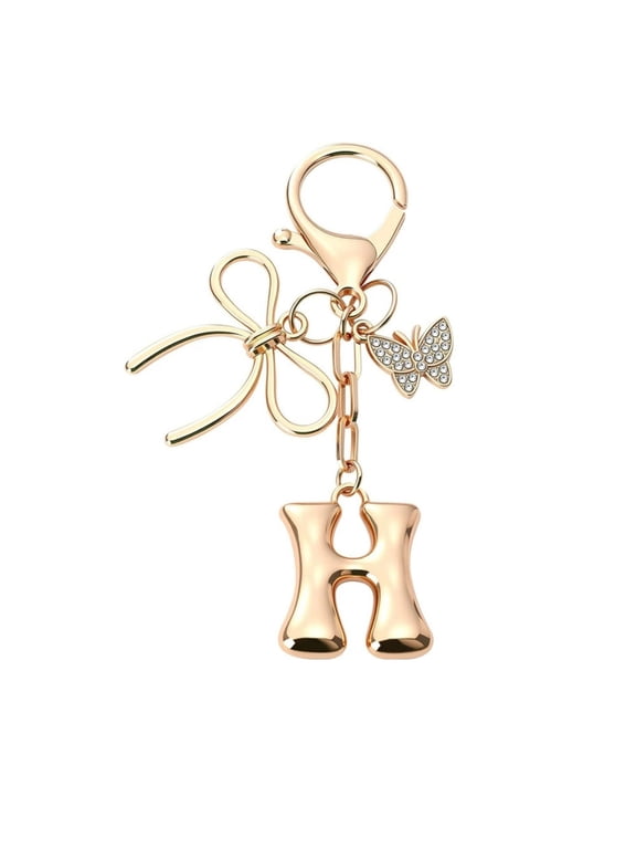 Personalized Gold Bubble Initial Keychain with Bow Charm, Cute Letter Key Ring for Women as Purse Handbag Accessories, Gift Idea with A-Z Initial Selection for Bag Charms and Keyrings