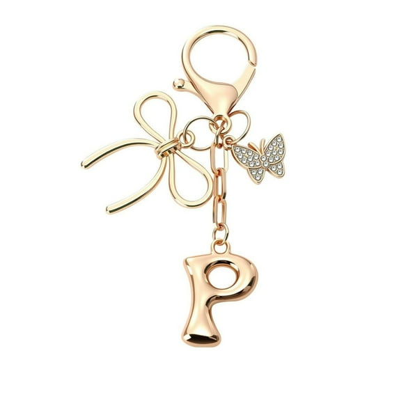 Personalized Gold Bubble Initial Keychain with Bow Charm, Cute Letter Key Ring for Women as Purse Handbag Accessories, Gift Idea with A-Z Initial Selection for Bag Charms and Keyrings
