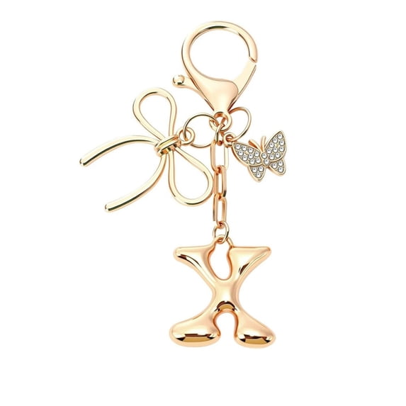 Personalized Gold Bubble Initial Keychain with Bow Charm, Cute Letter Key Ring for Women as Purse Handbag Accessories, Gift Idea with A-Z Initial Selection for Bag Charms and Keyrings