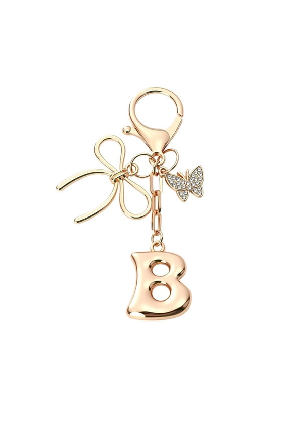 Personalized Gold Bubble Initial Keychain with Bow Charm, Cute Letter Key Ring for Women as Purse Handbag Accessories, Gift Idea with A-Z Initial Selection for Bag Charms and Keyrings