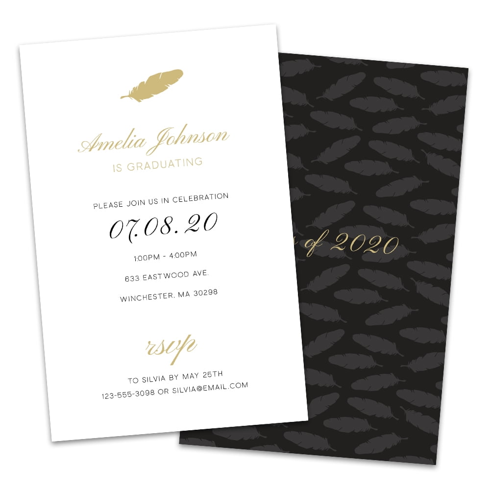Personalized Gold Feather Graduation Invitations