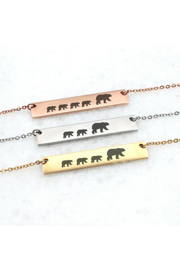 Personalized Gold Mama Bear Cubs Bar Necklace - Custom Gift for Mom - Stainless Steel Bar - Family Bear Necklace - Jewelry Gift for Her - Ships Next Day!