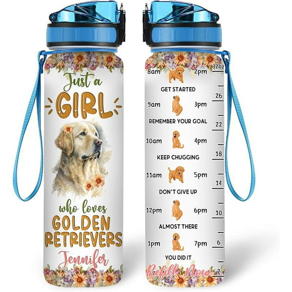 Personalized Golden Retriever Dog Lovers 32 Oz 1Liter Motivational Water Bottle With Time Marker, Just A Girl Who Loves Dogs, Animal Lovers Gifts For Women, Girl On Birthday, Christmas