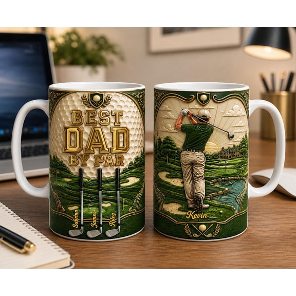 Personalized Golf Dad Mug, Best Dad by Par Coffee Cup, Custom Kids Name Father’s Day Gift