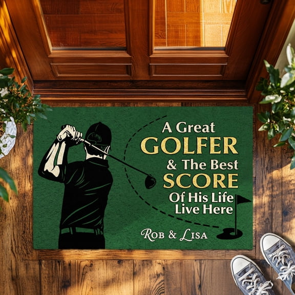 Personalized Golf Doormat, Custom Name Golfer Welcome Mat for Front Door Indoor Entrance, Non-Slip Absorbent Floor Rug
