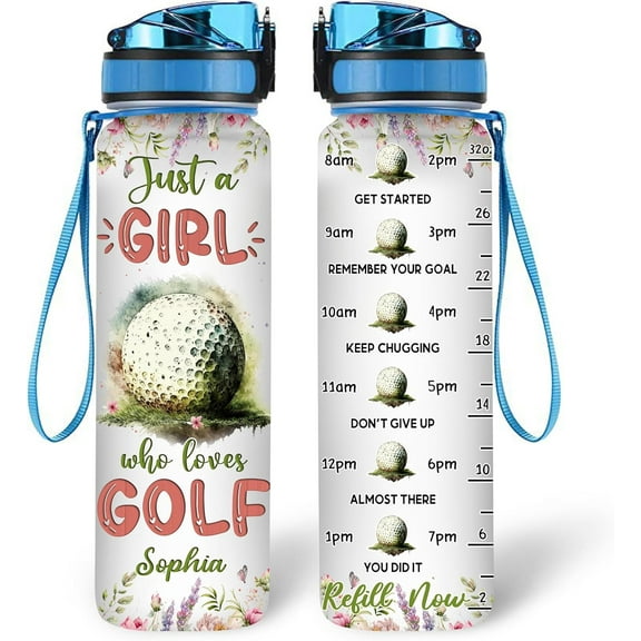 Personalized Golf Lovers 32 Oz 1Liter Motivational Water Bottle With Time Marker, Just A Girl Who Loves Golf, Sport Lovers Gifts For Women, Girl, Player On Birthday, Christmas
