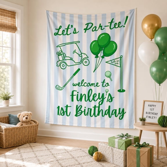 Personalized Golf Theme Linen-Style Fabric Tapestry, Custom Name Birthday Party Backdrop for Celebration Decor and Photo Booth Display