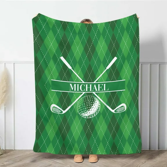 Personalized Golf-Themed Flannel Throw Blanket with Custom Name - Soft, Cozy Green Gradient Plaid Design - Perfect Gift for Golf Enthusiasts