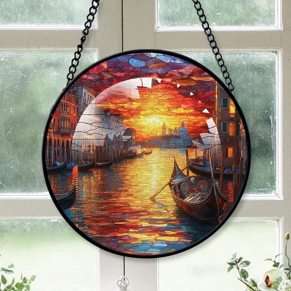 Personalized Gondolas a Canal Suncatcher Stained Glass Suncatchers, Gondolas a Canal Ornament for Sun Catcher Indoor Window, Gondolas a Canal Painted Glass Panel Décor xaVmIh