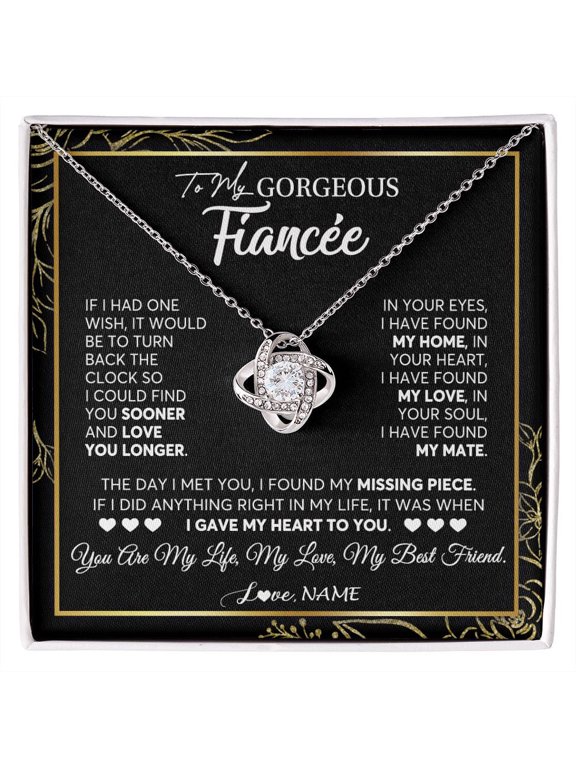 Personalized To My Gorgeous Fiancee Necklace From Fiance My Life My Love Future Wife Birthday Valentines Christmas Customized Gift Box Message Card, White Love Knot Necklace