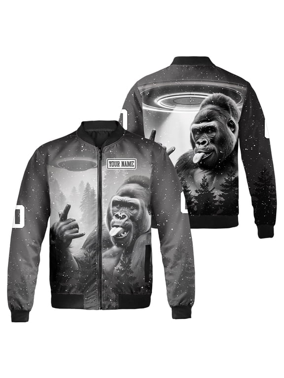 Personalized Gorilla Rock And Roll UFO Bomber Jacket – Funny Monkey Alien UFO Jacket for Men Women – Custom Name Black Graphic Outerwear Gift