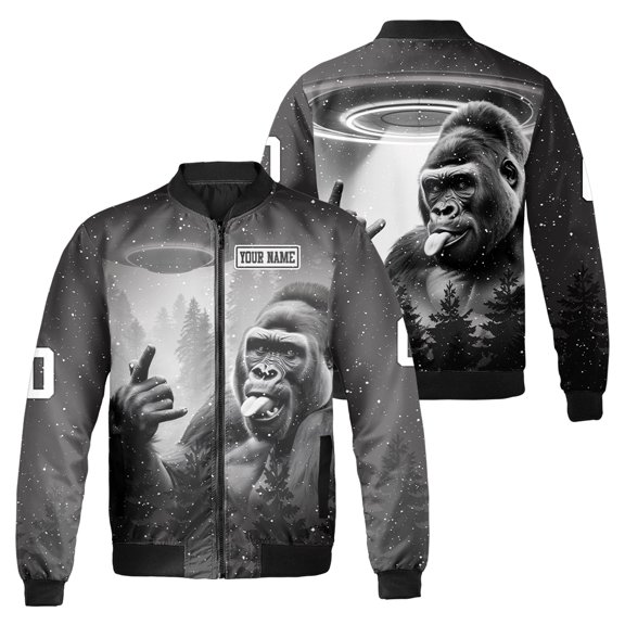 Personalized Gorilla Rock And Roll UFO Bomber Jacket – Funny Monkey Alien UFO Jacket for Men Women – Custom Name Black Graphic Outerwear Gift