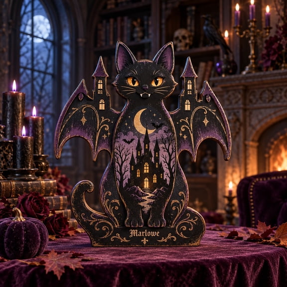 Personalized Gothic Bat Cat Castle Wooden Block 3 Layer Halloween Decor