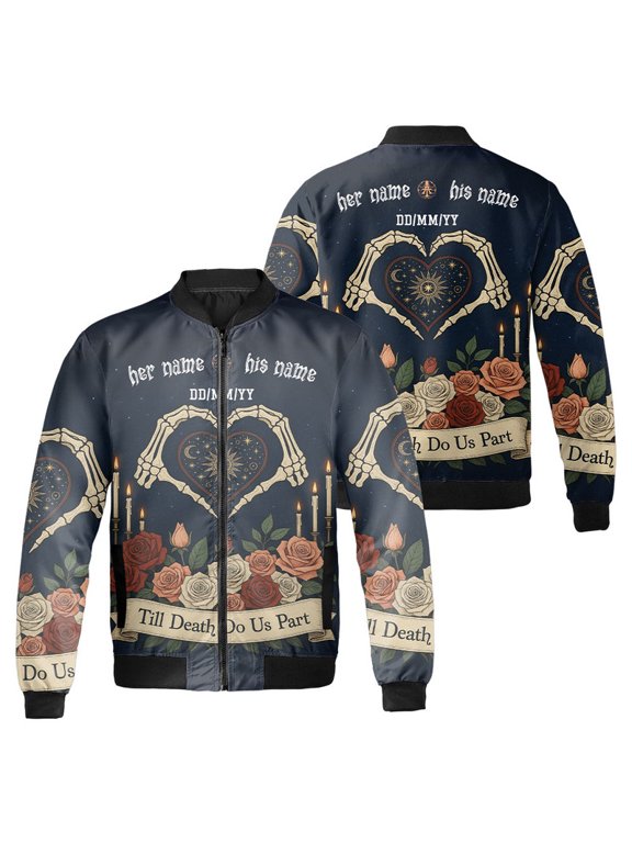 Personalized Gothic Couple Bomber Jacket – Till Death Do Us Part Skeleton Heart Jacket – Custom Romantic Skull Lover Gift – Dark Aesthetic Halloween Coat
